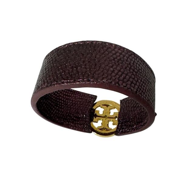 Tory Burch Purple Snakeskin with gold Logo Statement Cuff Bracelet - Picture 5 of 12